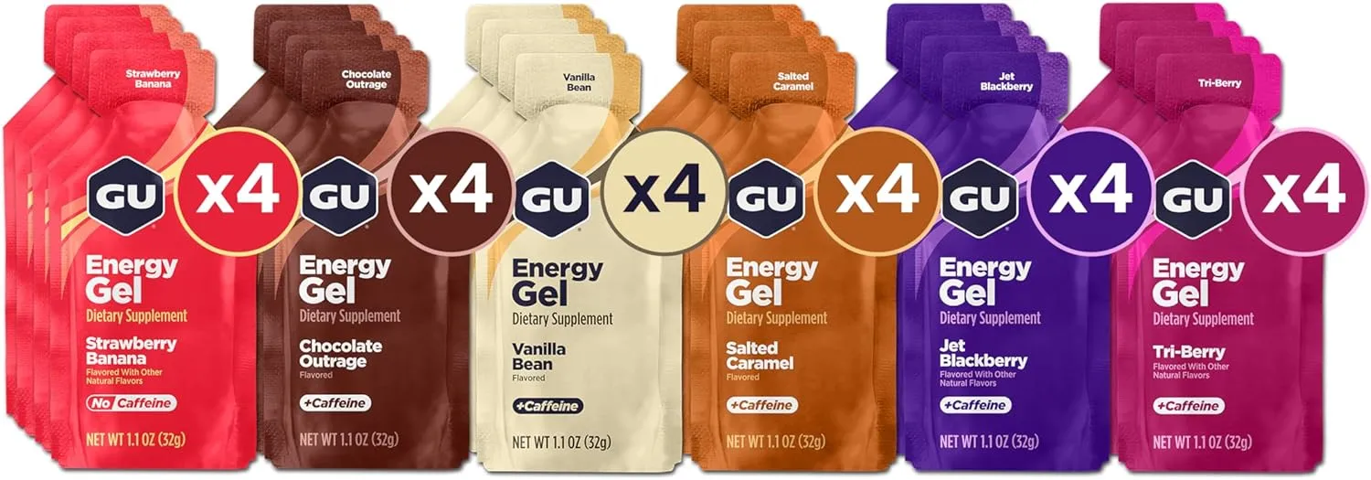 GU Energy Original Sports Nutrition Energy Gel, Vegan, Gluten-Free, Kosher, and Dairy-Free On-the-Go Energy for Any Workout, 24-Count, Assorted Flavors