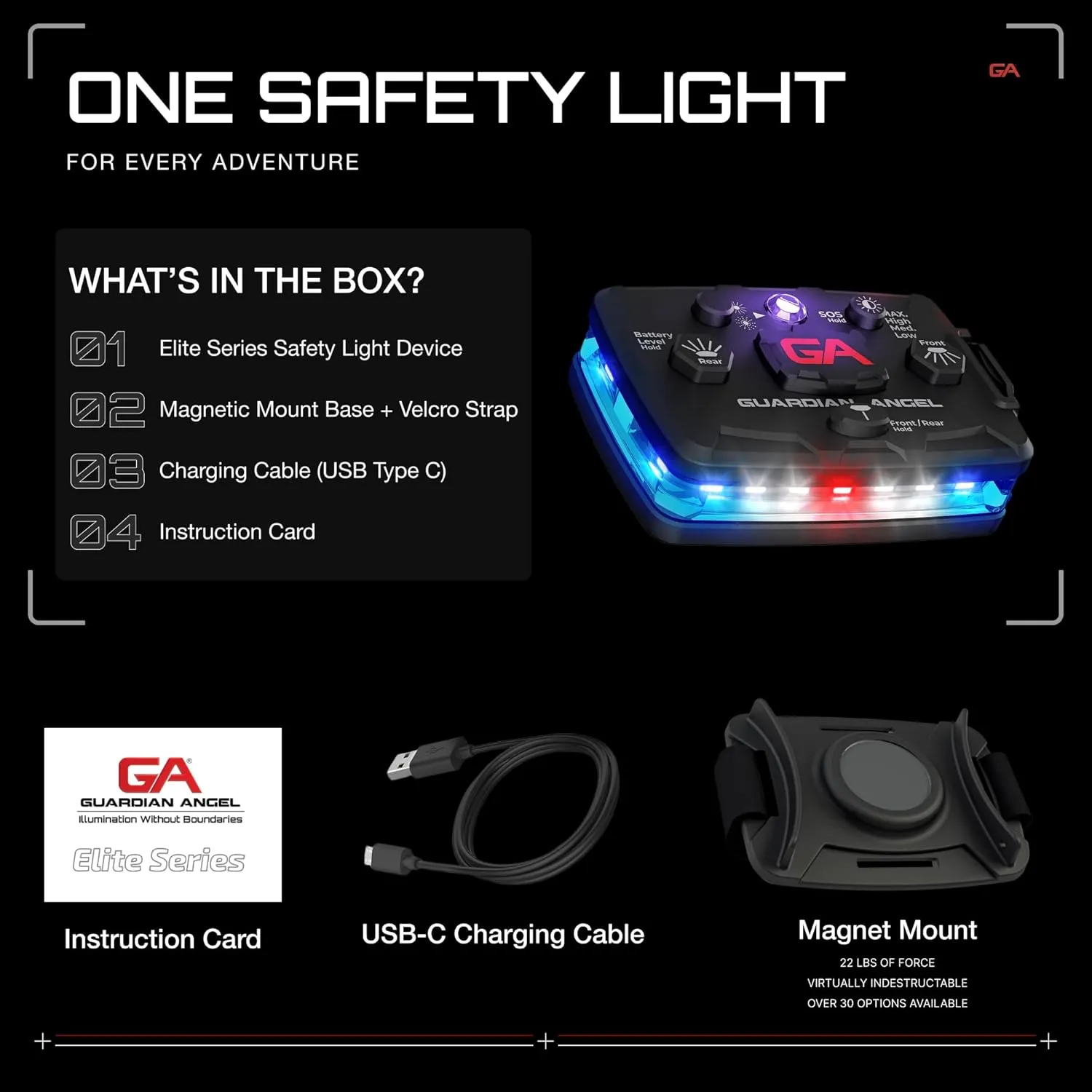 Guardian Angel Elite Series Safety Light, Infrared-Hybrid - White/Blue Front & Blue Rear - Rechargeable, Magnetic, Hands-Free Wearable Flashlight for Law Enforcement, First Responders, Firefighters