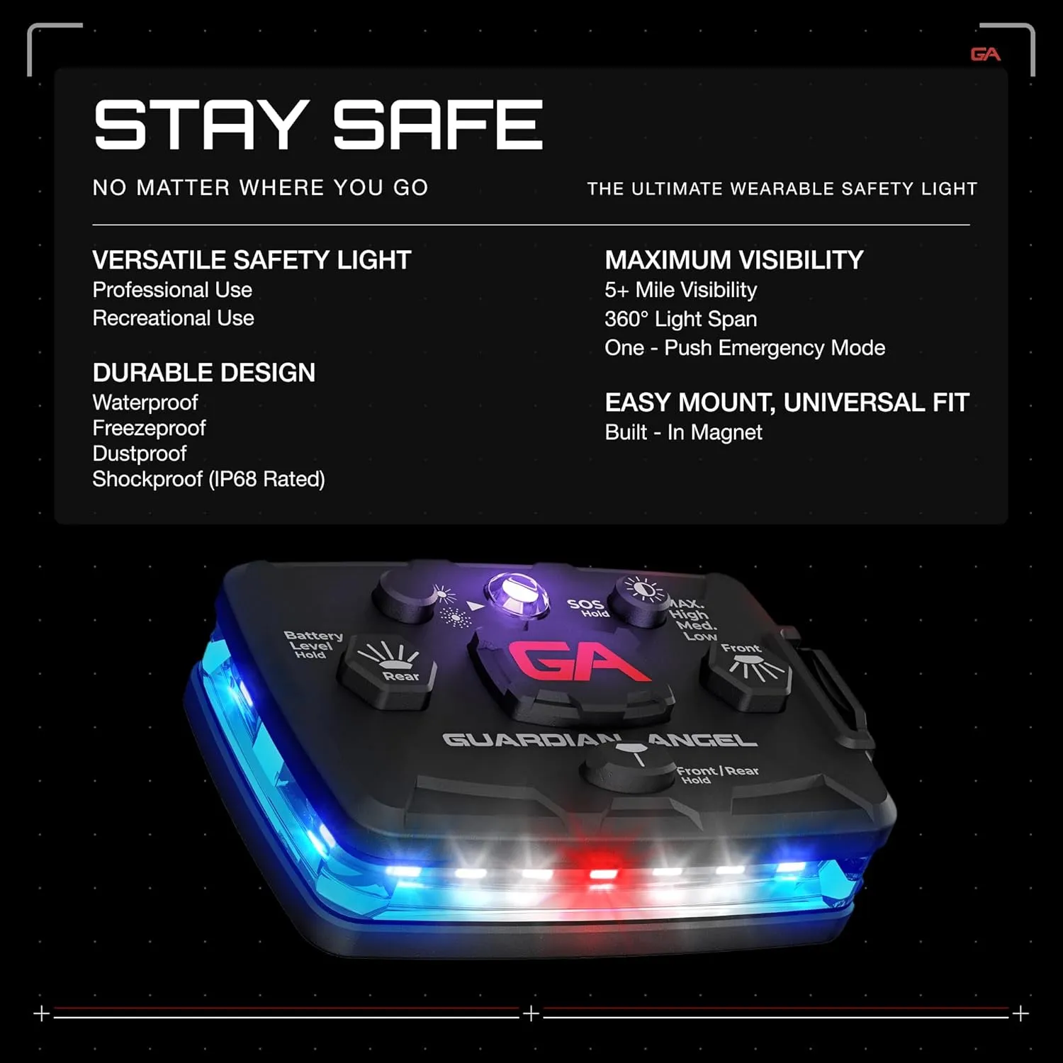 Guardian Angel Elite Series Safety Light, Infrared-Hybrid - White/Blue Front & Blue Rear - Rechargeable, Magnetic, Hands-Free Wearable Flashlight for Law Enforcement, First Responders, Firefighters