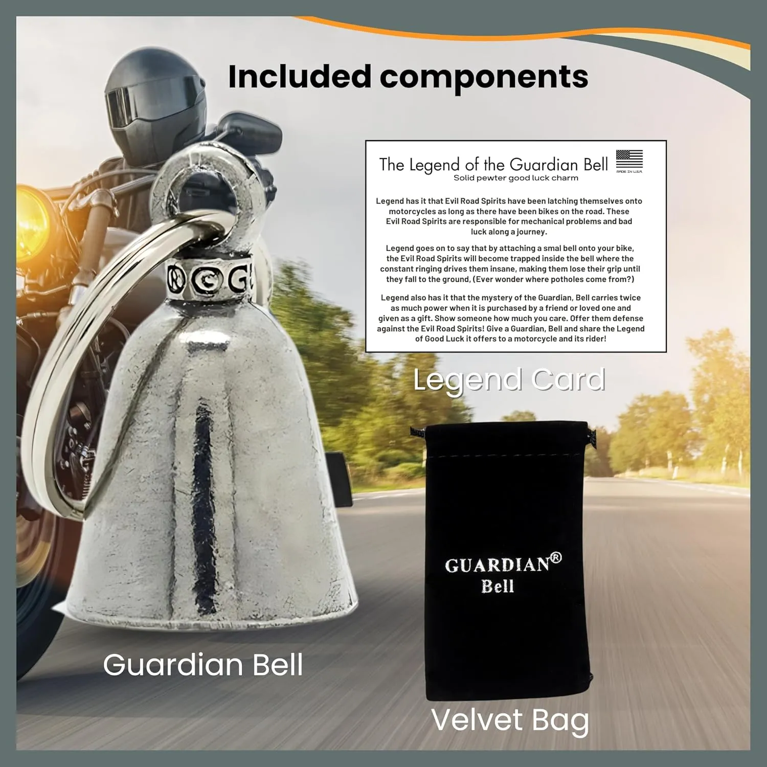 Guardian Bell In Memory of Fallen Hero Good Luck Bell w/Keyring & Black Velvet Gift Bag | Motorcycle Bell | Lead-Free Pewter | Good Luck Gift to Friends & Family | Bike Bell | Made in USA