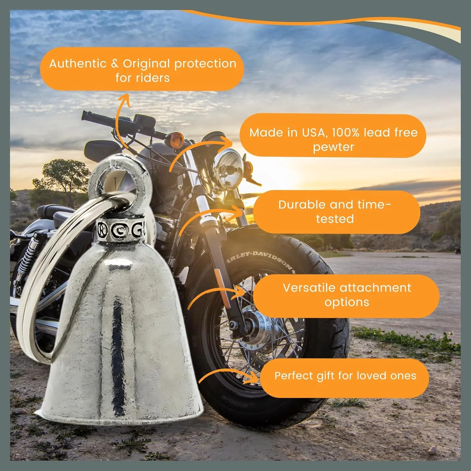Guardian Bell In Memory of Fallen Hero Good Luck Bell w/Keyring & Black Velvet Gift Bag | Motorcycle Bell | Lead-Free Pewter | Good Luck Gift to Friends & Family | Bike Bell | Made in USA