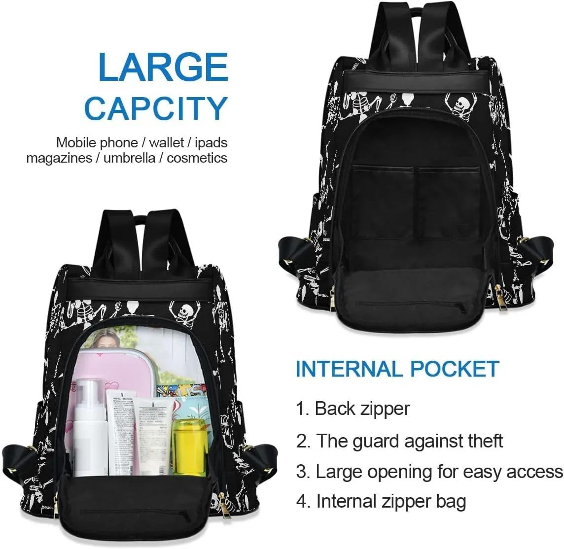 Halloween Dancing Skeletons Black Fashion Backpack Purse for Women Back Zipper Pocket Design