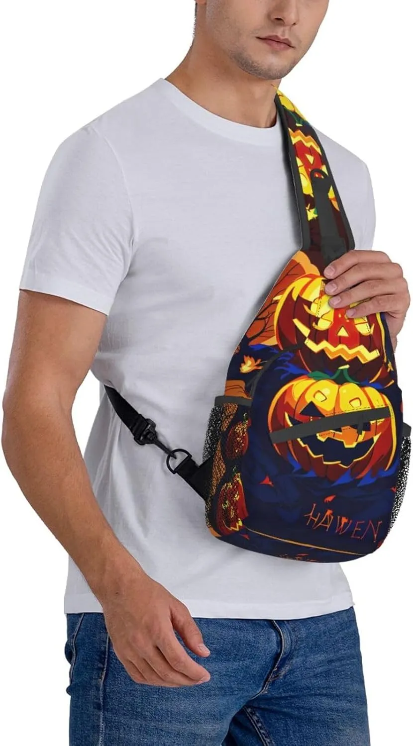 Halloween Pumpkin High Storage Capacity Chest Bag Diagonally Sling Backpack Crossbody Shoulder Bag For Men Women