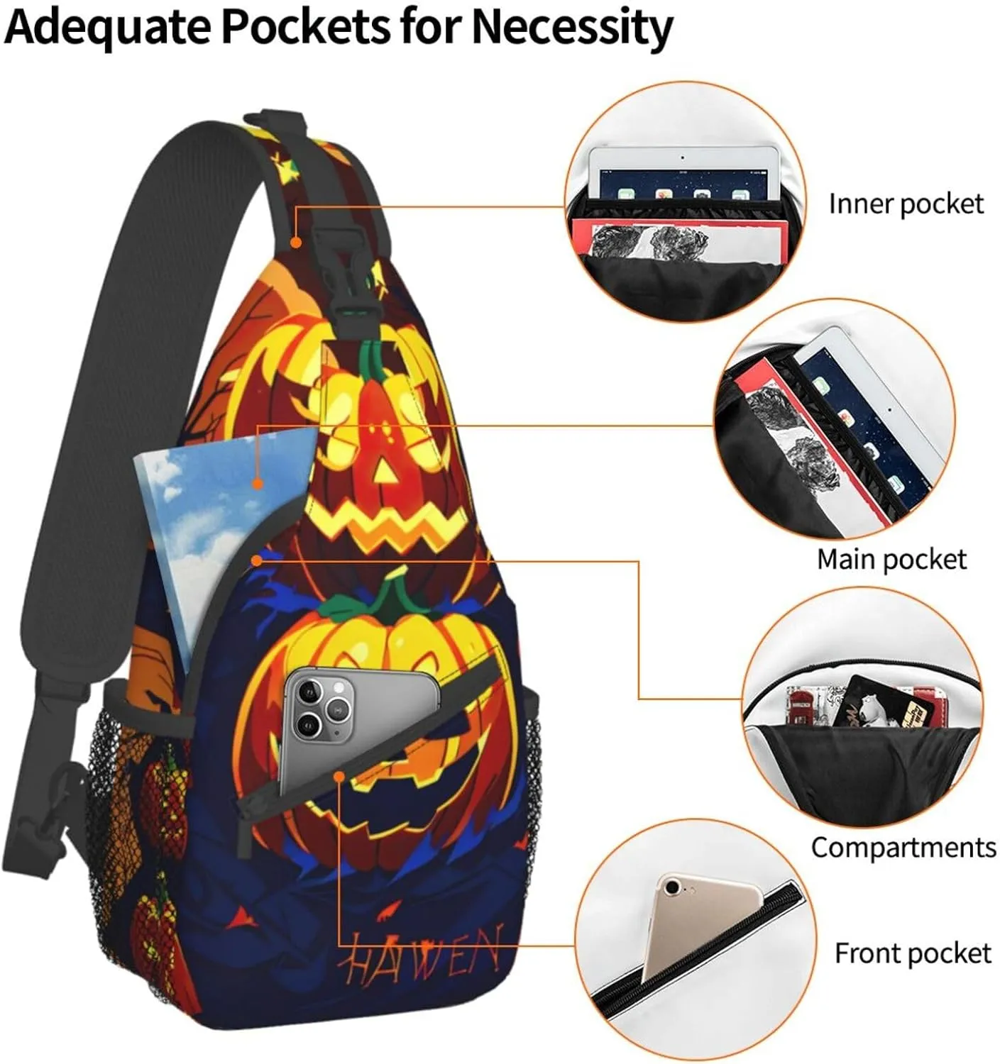 Halloween Pumpkin High Storage Capacity Chest Bag Diagonally Sling Backpack Crossbody Shoulder Bag For Men Women