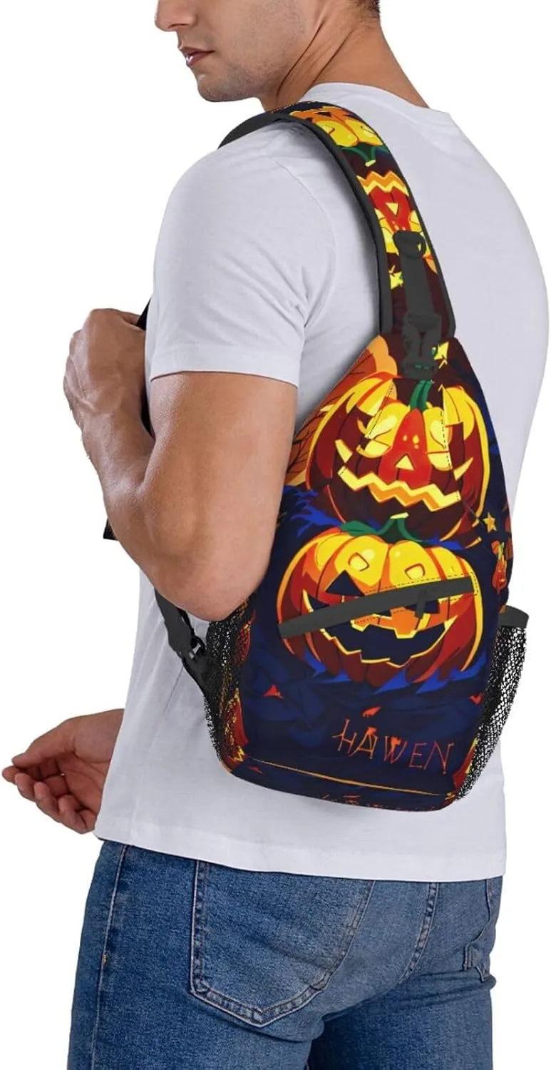 Halloween Pumpkin High Storage Capacity Chest Bag Diagonally Sling Backpack Crossbody Shoulder Bag For Men Women