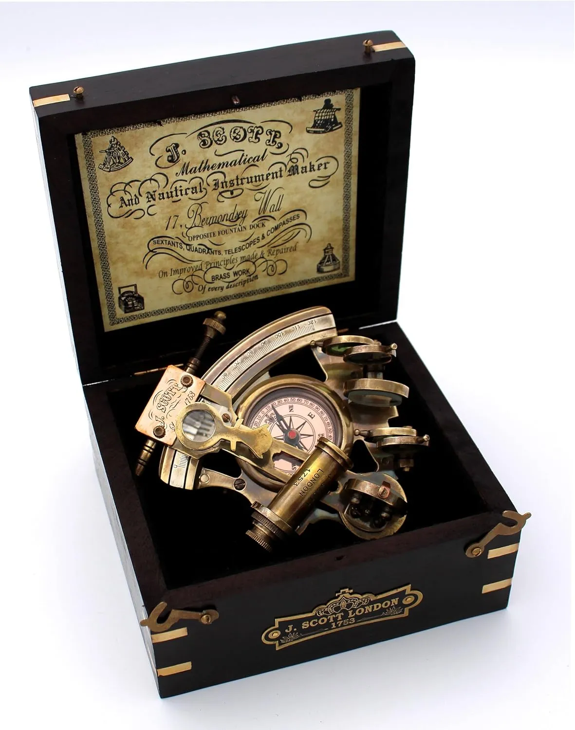 Handmade Astrolabe Brass Sextant inbuild Compass with Hardwood Box.