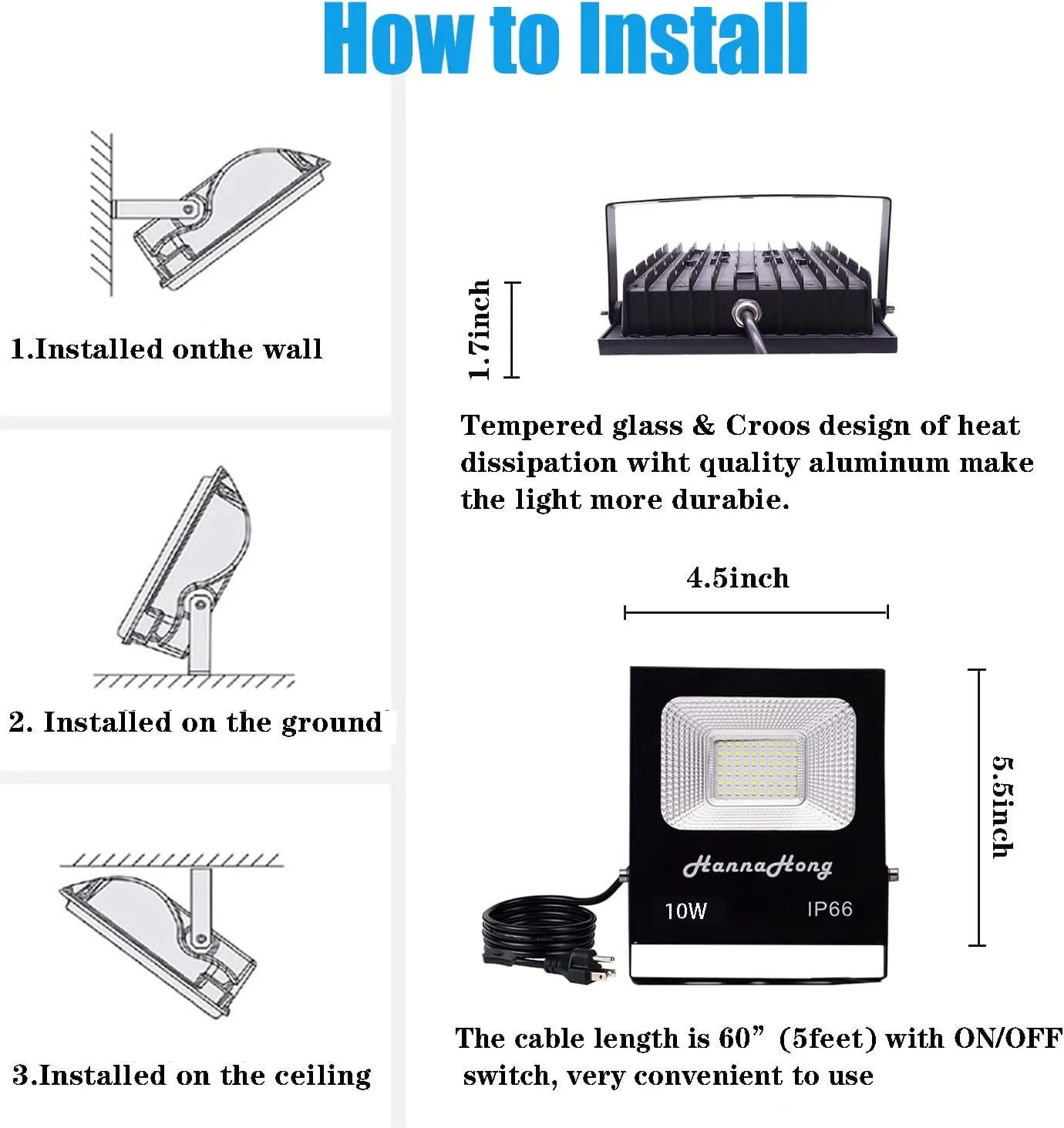 HANNAHONG 10W 2 Pack LED Flood Light with ON/Off Switch Plug in,Cool White,Security/Work/Plant Grow,IP66 Waterproof,Reflector Spot-Light Porch,Garage,Patio,Yard,Garden