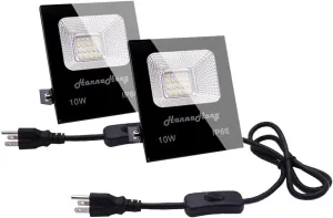 HANNAHONG 10W 2 Pack LED Flood Light with ON/Off Switch Plug in,Cool White,Security/Work/Plant Grow,IP66 Waterproof,Reflector Spot-Light Porch,Garage,Patio,Yard,Garden