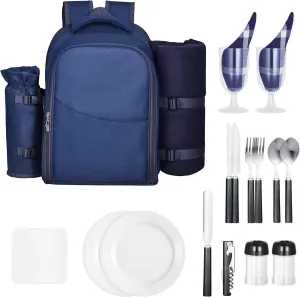 Happybuy Navy Blue Picnic Backpack for Two – Equipped with Insulated Compartment, Detachable Holders, and Complete Outdoor Dining Set, Perfect for Hiking, Camping, and Beach Outings