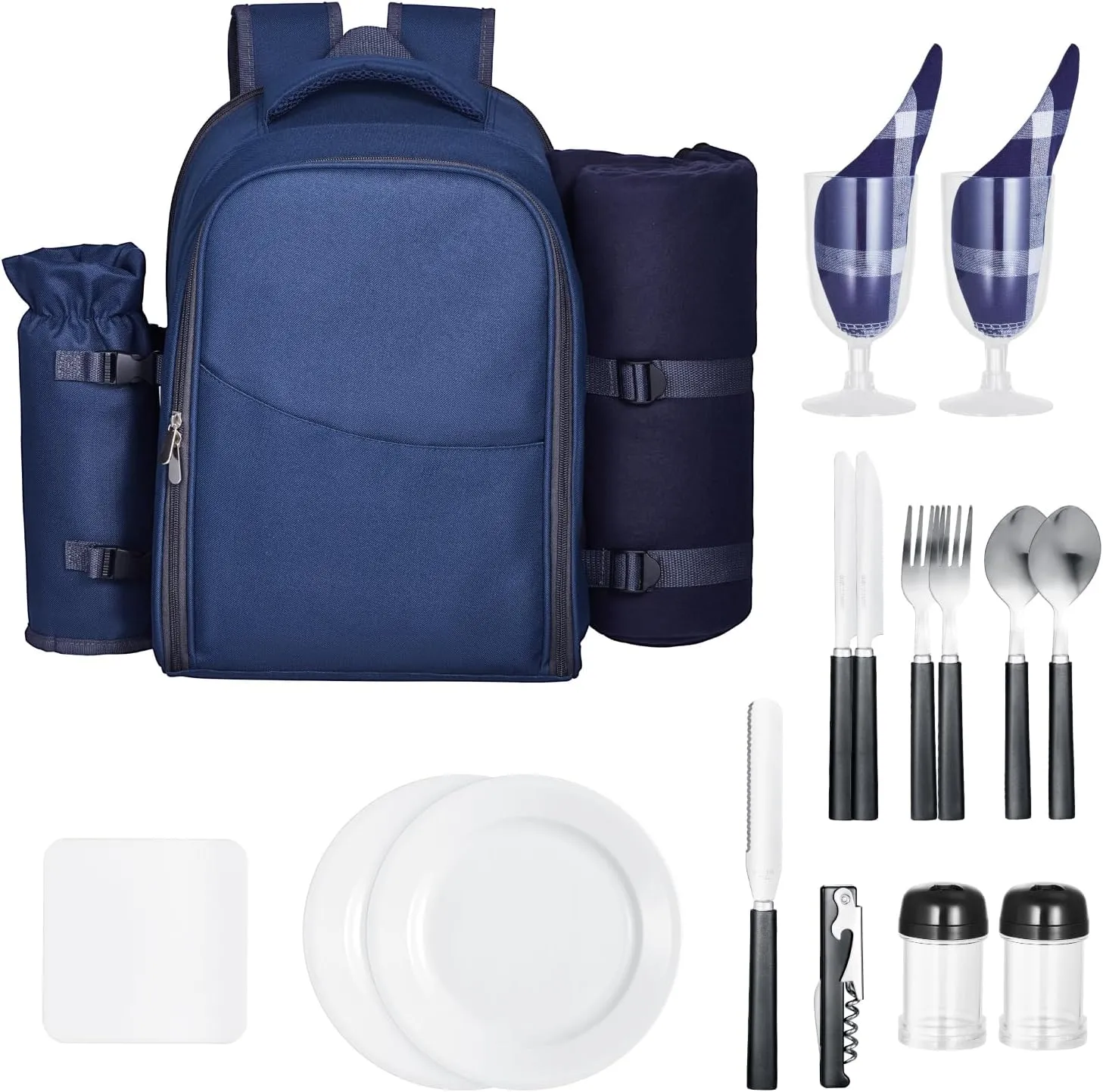 Happybuy Navy Blue Picnic Backpack for Two – Equipped with Insulated Compartment, Detachable Holders, and Complete Outdoor Dining Set, Perfect for Hiking, Camping, and Beach Outings