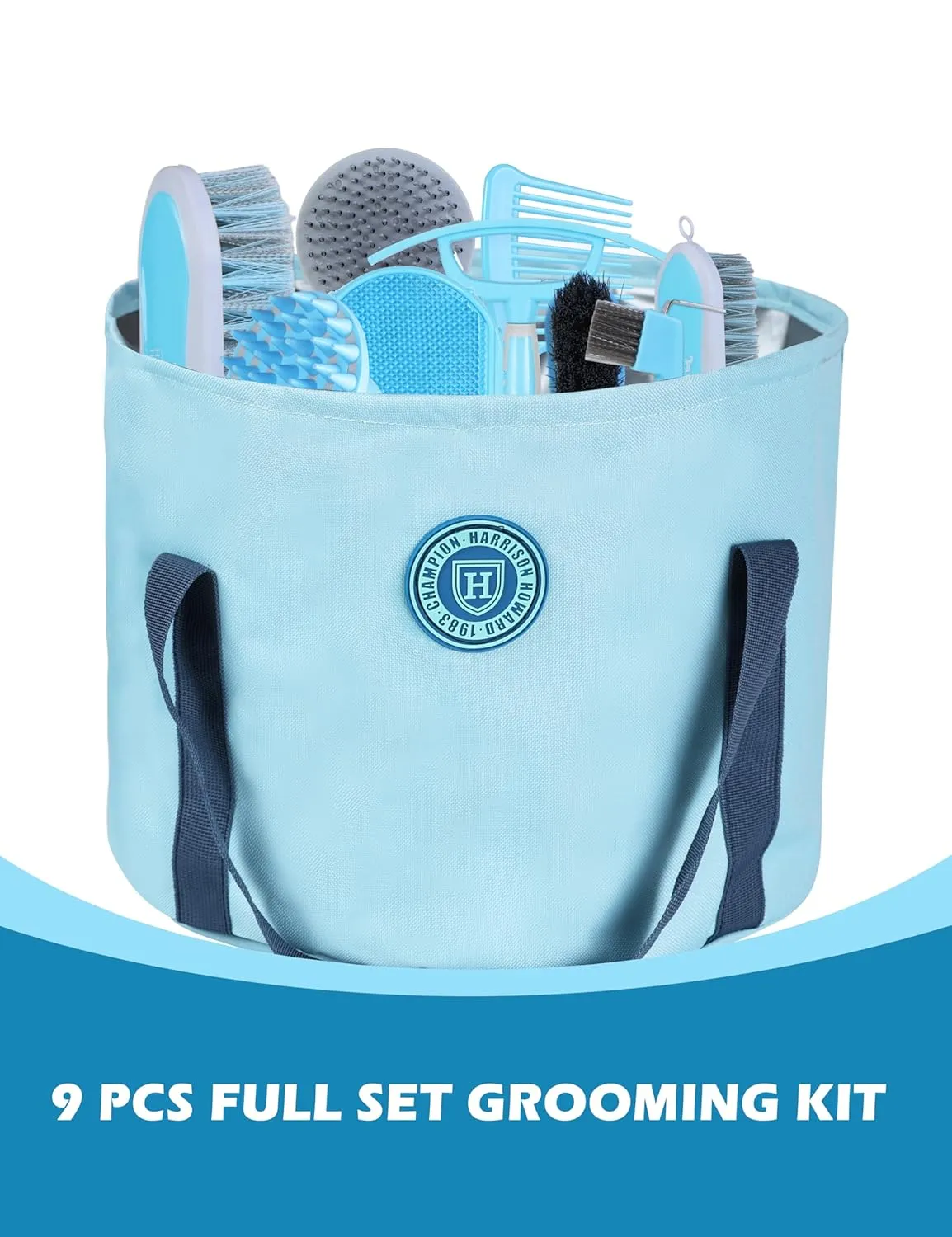 Harrison Howard Horse Grooming Kit 9-Piece Equine Care Series Horse Brush Sets with Organizer Tote Bag Soft Blue