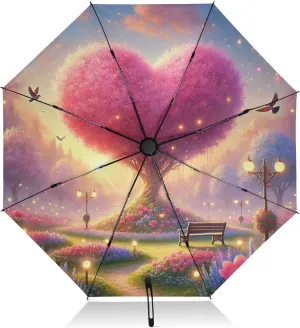 Heart Tree Park Valentines Travel Compact Umbrella Automatic Folding Small Umbrella for Rain Sun Inverted Sports Umbrellas for Women Man Adults