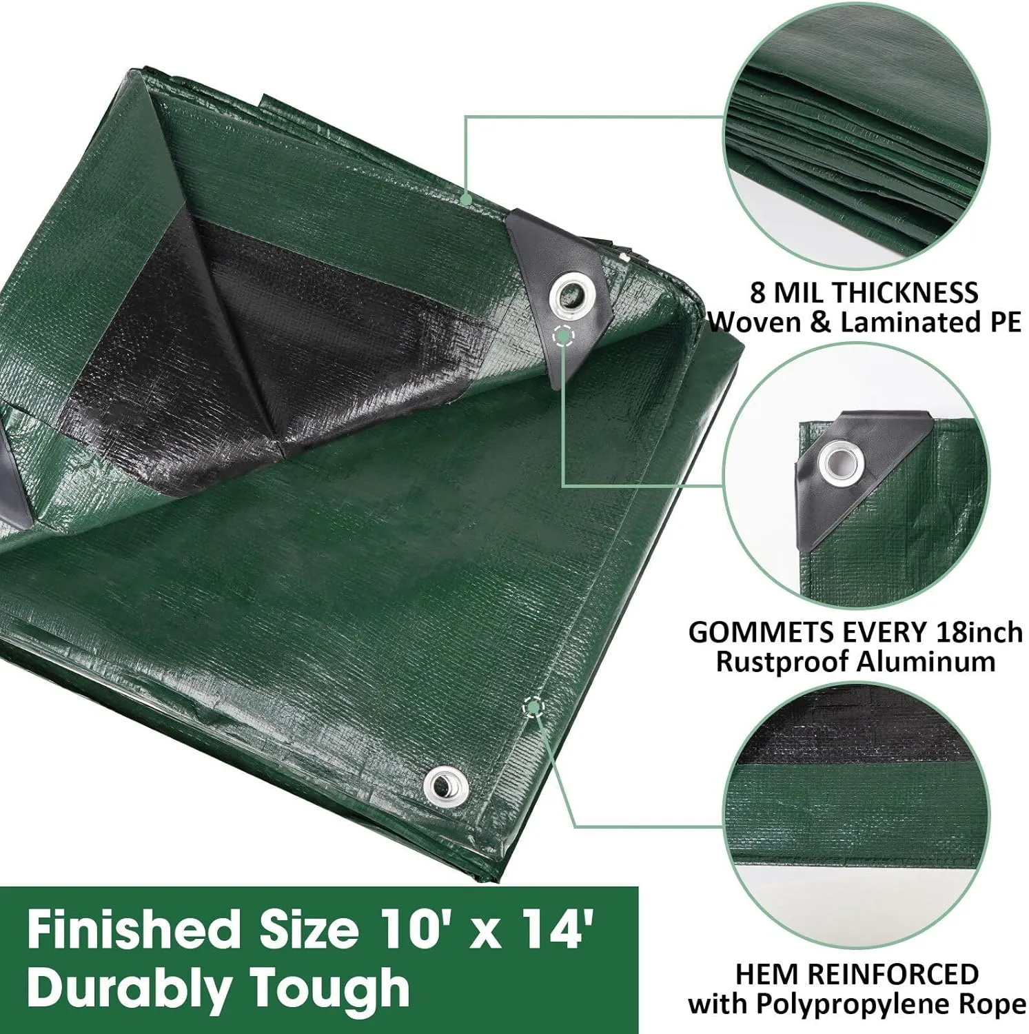 Heavy Duty Double-Sided Waterproof Poly Tarp 10x14 Feet 8mil Thick Polyethylene Tarps, Perfect for Outdoor Use, Plastic Cover & Mat for Tent Camping Storage Boat Bikes Vehicles