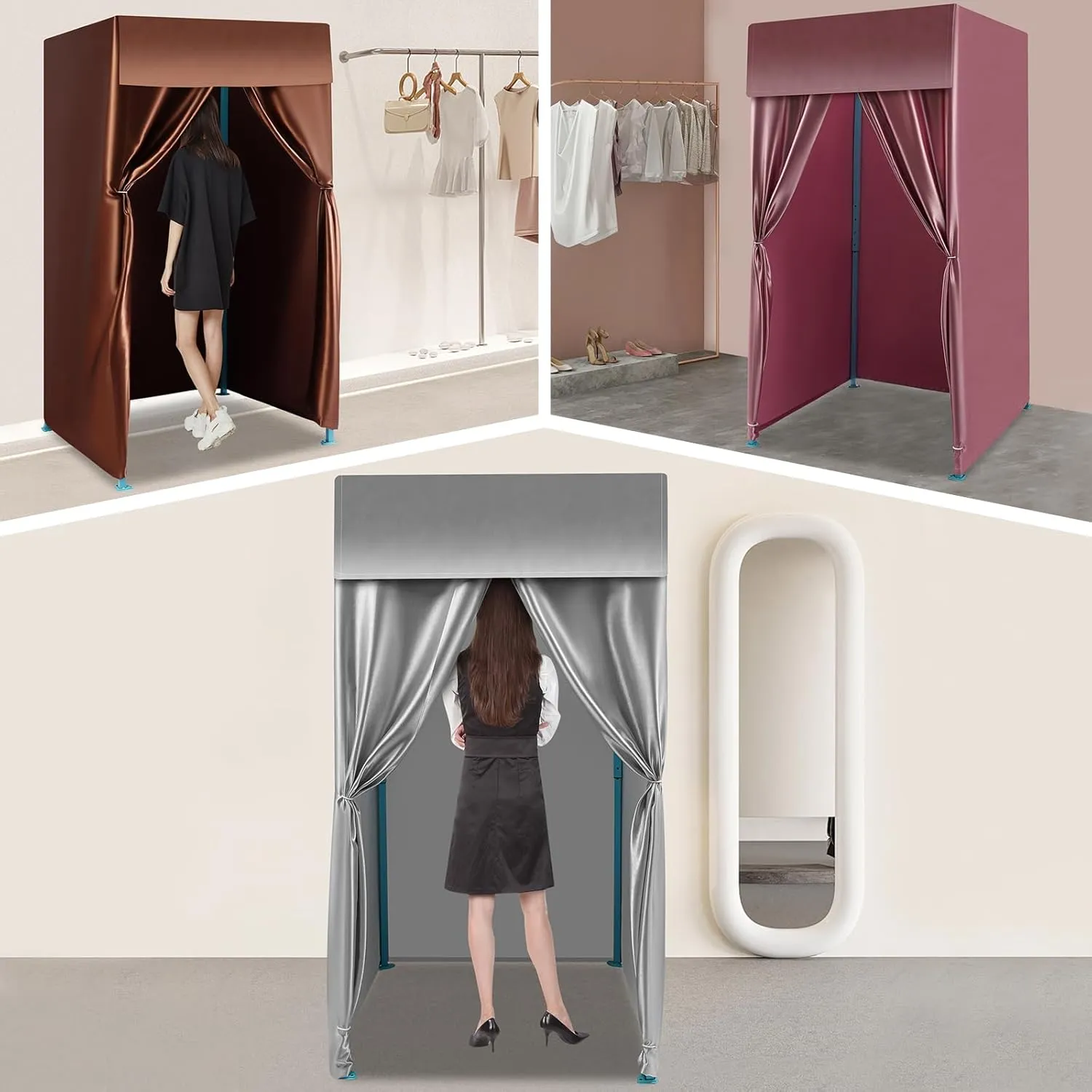 Heavy-Duty Portable Folding Fitting Room with Blackout Curtains - Large Changing Room for 3-4 People, Freestanding Privacy Tent for Events, Retail Stores & Outdoor Use (Coffee)