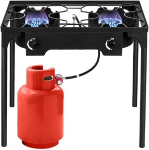 Henf Outdoor Camp Stove High Pressure Propane Gas Cooker Portable Cast Iron Patio Cooking Burner perfect for Camping Patio(Double Burner 150000-BTU)