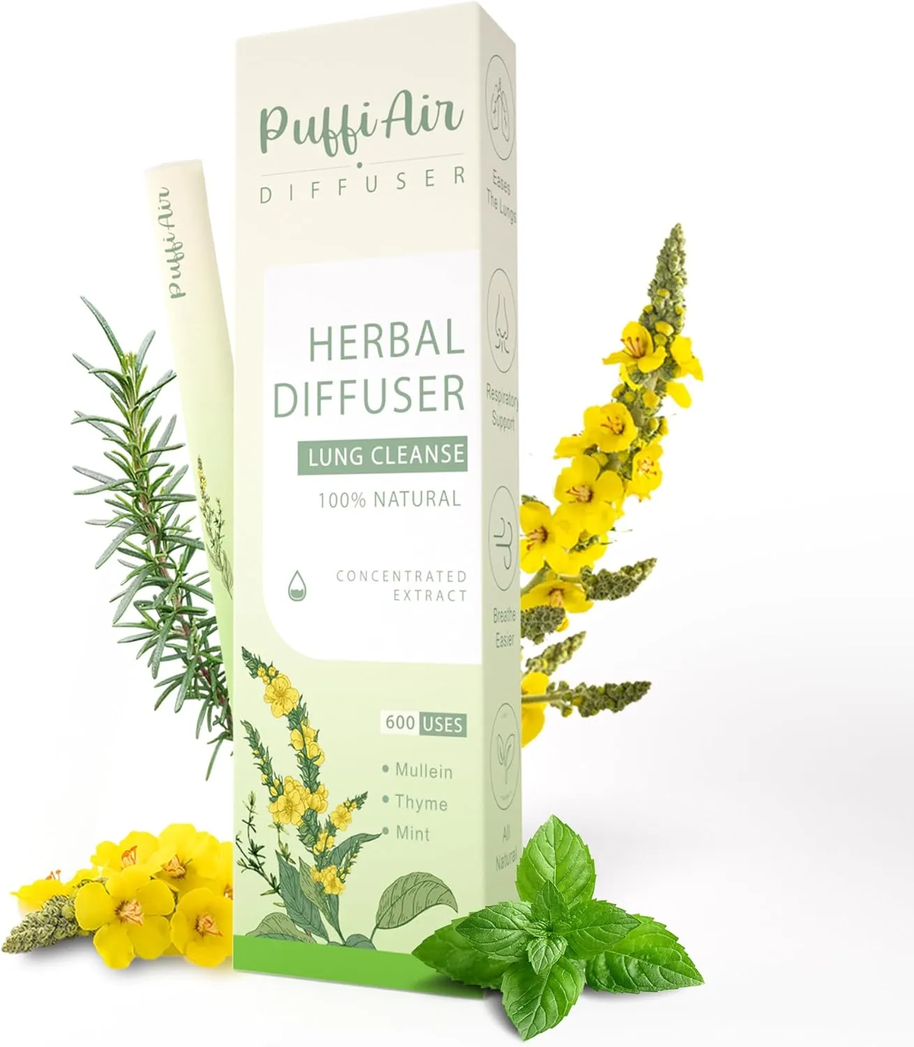 Herbal Diffuser Upgraded with Extracts of Mullein, Thyme and Mint for Cleansing Lungs, Improving Breathing and Oral Air Freshening