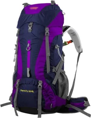 Hiking Backpack 65L, Travel Backpack Trekking Rucksack Mountaineering Backpack for Outdoor Travel Cycling Climbing Mountaineer Men Women High Capacity (Color : Purple)