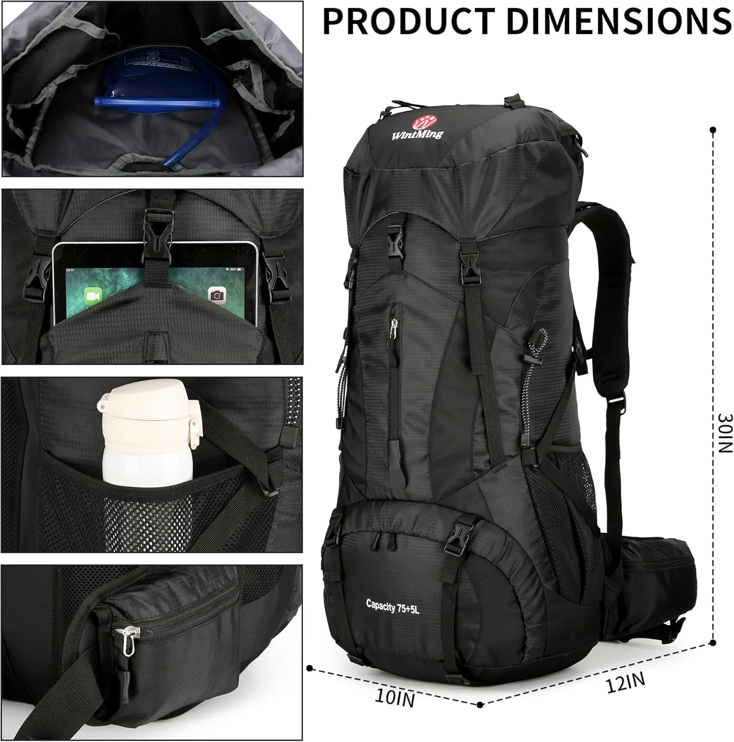 Hiking Backpack for Men and Women 70L 5L Waterproof Lightweight Camping Daypack with Rain Cover - Frameless (Black-B)