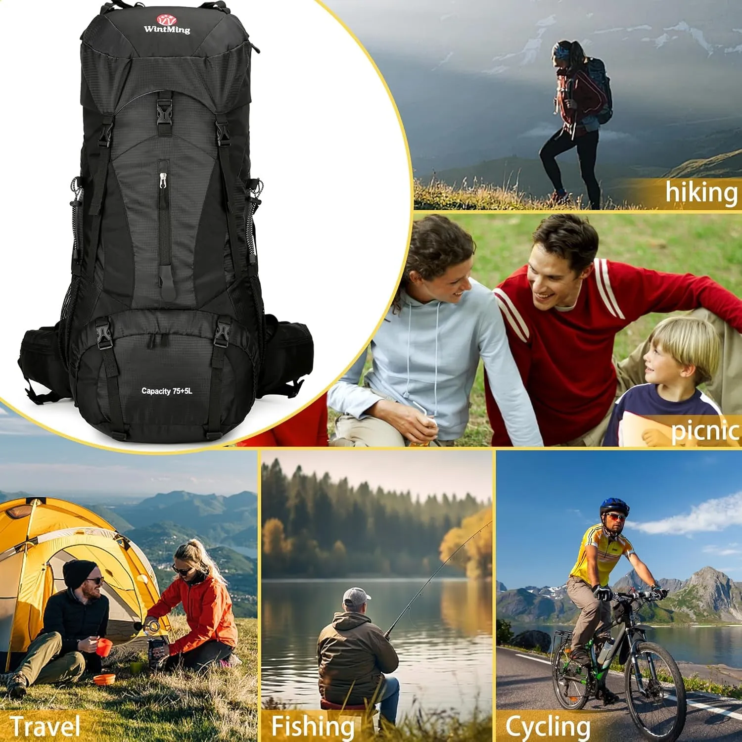 Hiking Backpack for Men and Women 70L 5L Waterproof Lightweight Camping Daypack with Rain Cover - Frameless (Black-B)