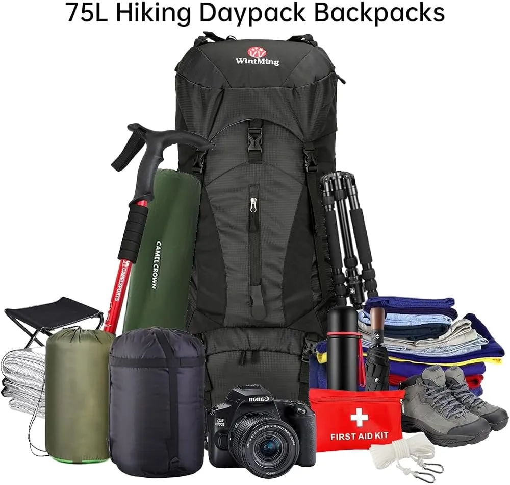 Hiking Backpack for Men and Women 70L 5L Waterproof Lightweight Camping Daypack with Rain Cover - Frameless (Black-B)