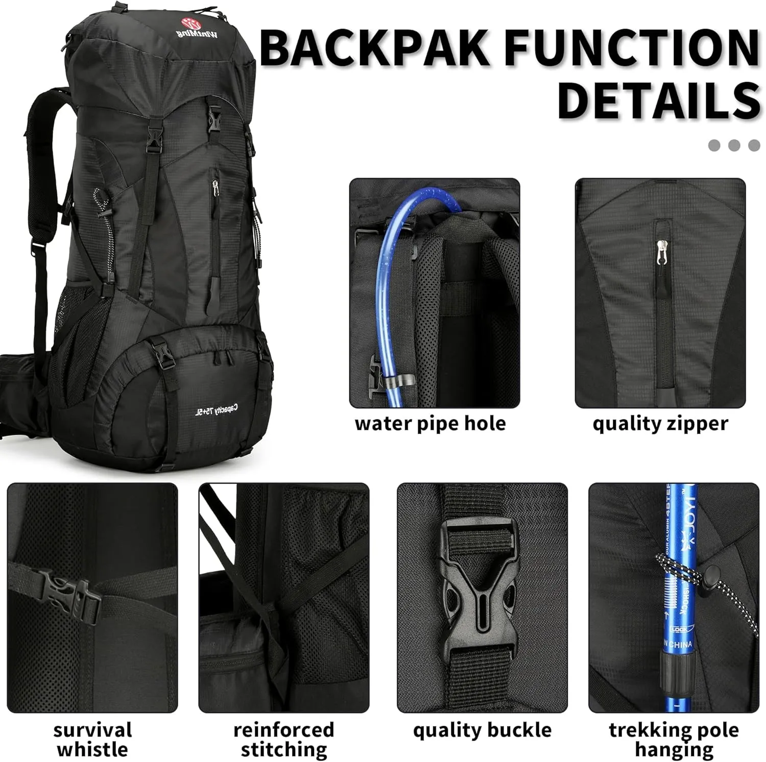 Hiking Backpack for Men and Women 70L 5L Waterproof Lightweight Camping Daypack with Rain Cover - Frameless (Black-B)