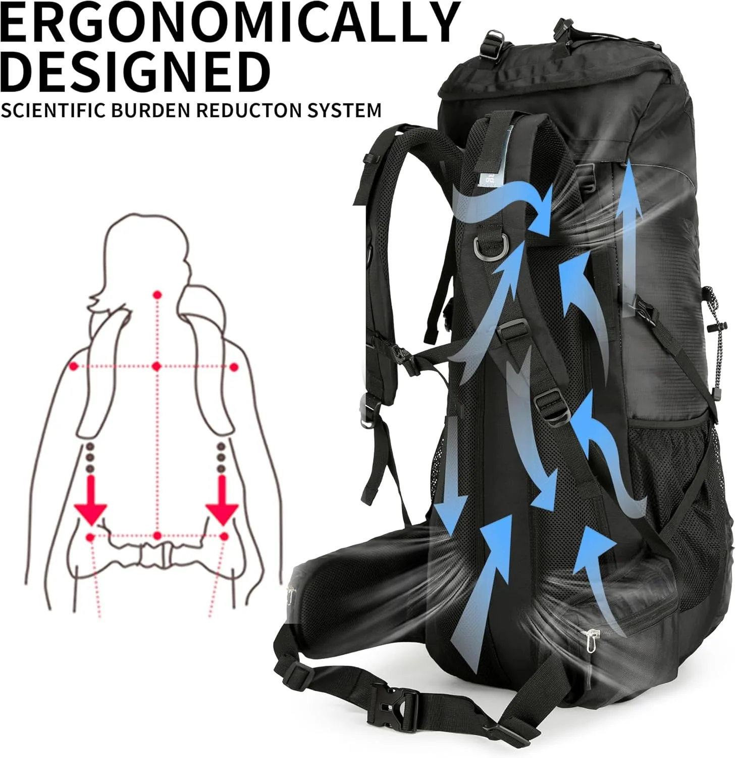 Hiking Backpack for Men and Women 70L 5L Waterproof Lightweight Camping Daypack with Rain Cover - Frameless (Black-B)