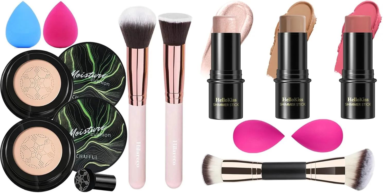 Hilareco 2 PCS Mushroom Head Air Cushion CC Cream Nature Foundation,3 Pcs Cream Contour Stick Makeup Kit, Shades with Highlighter Stick, Blush Stick and Bronzer Contour Stick