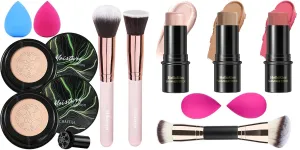 Hilareco 2 PCS Mushroom Head Air Cushion CC Cream Nature Foundation,3 Pcs Cream Contour Stick Makeup Kit, Shades with Highlighter Stick, Blush Stick and Bronzer Contour Stick