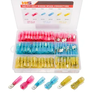 HKS 260PCS AWG 22-10 Spade Connector Kit - Male & Female Terminal-Heat Shrink Electrical Quick Disconnect Wire Connectors Kit - Tinned Copper - Automotive Marine Crimp - Waterproof and Insulated