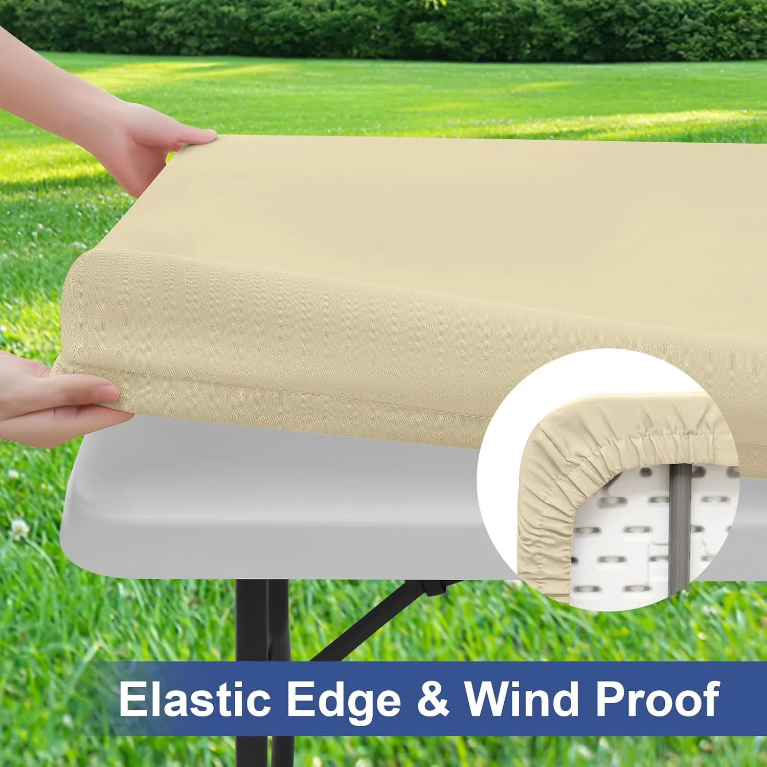 homing 2 Pack Rectangle Table Cloth, Elastic Fitted Fabric Tablecloth Fits for 6 Foot Folding Tables, Washable Table Cover for Picnic, Camping, Indoor & Outdoor (Champagne, 30" x 72")