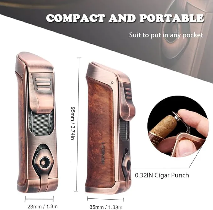 HONEST Triple Jet Torch Lighter Built-in Punch Visible Gas Window Refillable Gas Adjustable Flame Intensity Pocket Lighter Gift for Men BBQ Kitchen Fireplace Candle (Brown Wrap)