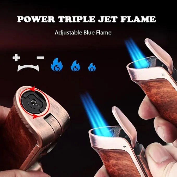 HONEST Triple Jet Torch Lighter Built-in Punch Visible Gas Window Refillable Gas Adjustable Flame Intensity Pocket Lighter Gift for Men BBQ Kitchen Fireplace Candle (Brown Wrap)