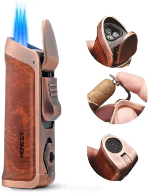 HONEST Triple Jet Torch Lighter Built-in Punch Visible Gas Window Refillable Gas Adjustable Flame Intensity Pocket Lighter Gift for Men BBQ Kitchen Fireplace Candle (Brown Wrap)
