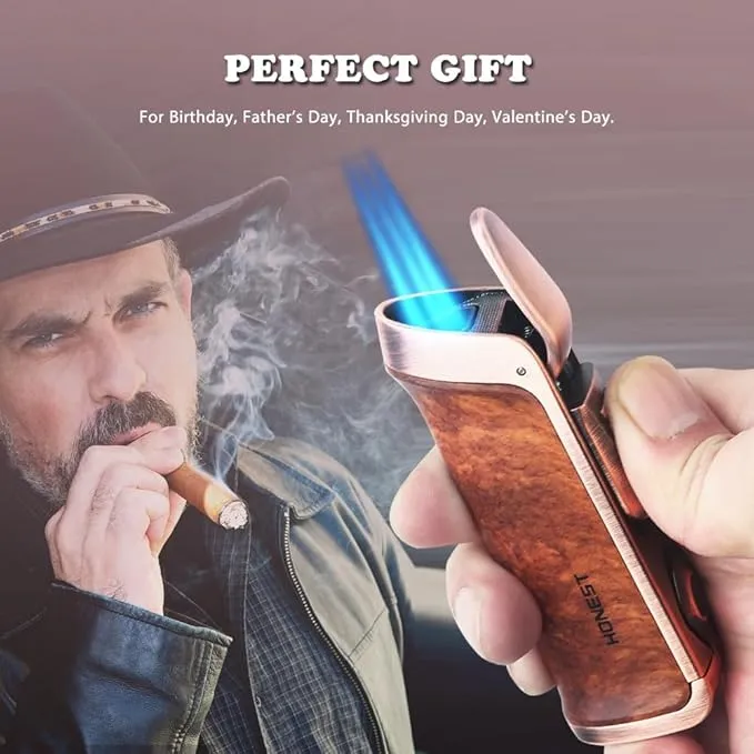 HONEST Triple Jet Torch Lighter Built-in Punch Visible Gas Window Refillable Gas Adjustable Flame Intensity Pocket Lighter Gift for Men BBQ Kitchen Fireplace Candle (Brown Wrap)
