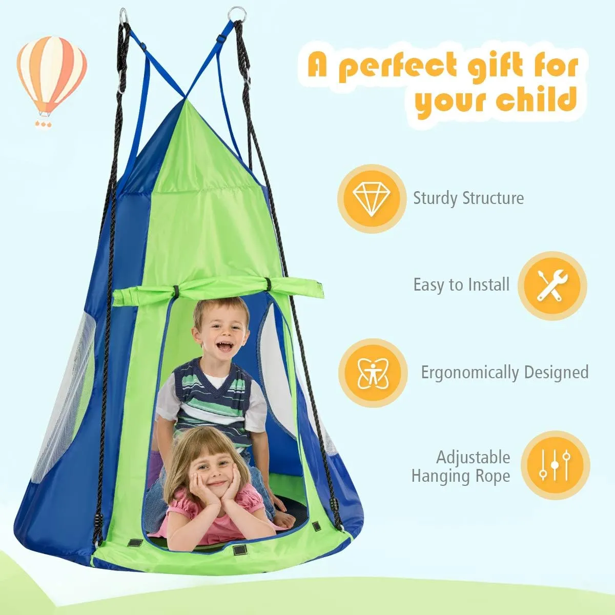 HONEY JOY Kids Hanging Chair Swing Tent, 2-in-1 40 Inch Hammock Tree Swing Seat & Detachable Play Tent, Max Capacity 330 LBS, Outdoor Indoor Nest Pod Play House for Boys/Girls (Green)