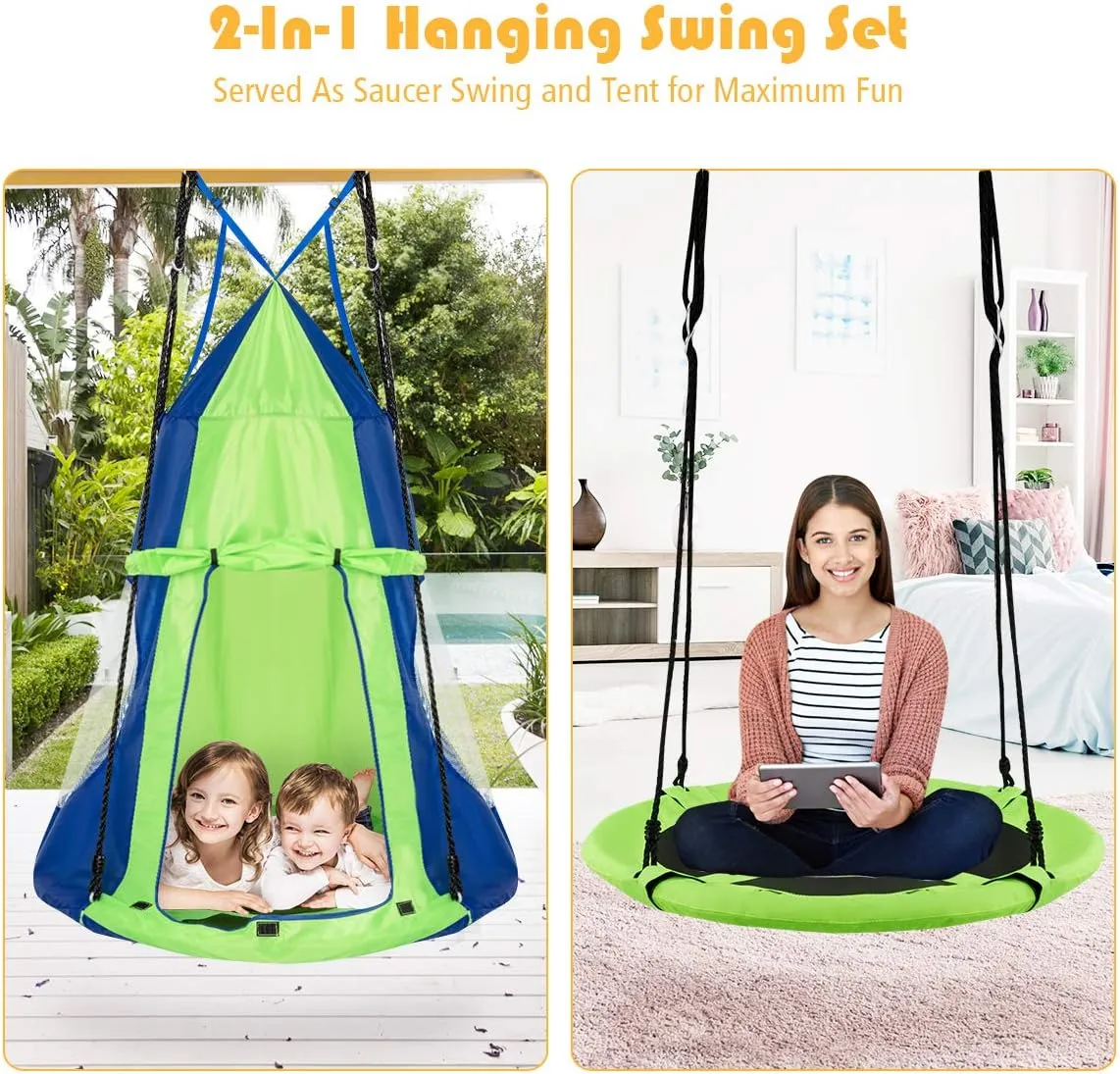 HONEY JOY Kids Hanging Chair Swing Tent, 2-in-1 40 Inch Hammock Tree Swing Seat & Detachable Play Tent, Max Capacity 330 LBS, Outdoor Indoor Nest Pod Play House for Boys/Girls (Green)