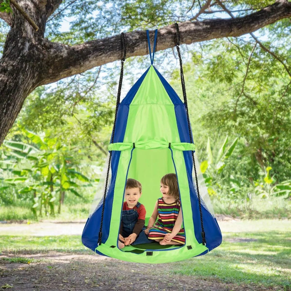 HONEY JOY Kids Hanging Chair Swing Tent, 2-in-1 40 Inch Hammock Tree Swing Seat & Detachable Play Tent, Max Capacity 330 LBS, Outdoor Indoor Nest Pod Play House for Boys/Girls (Green)