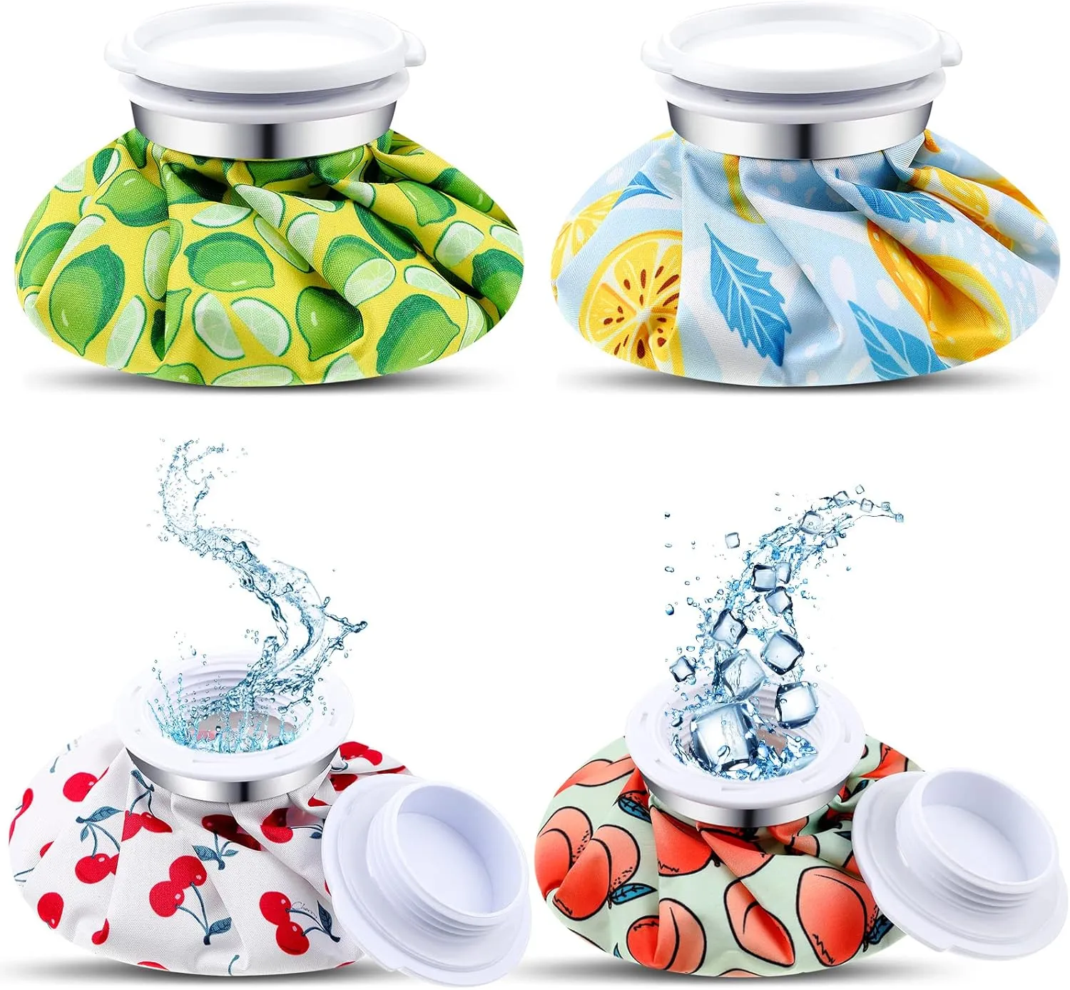 Honoson 4 Pack Reusable Ice Pack and Hot Water Bag for Adults, Cold and Hot Use for Injuries, Pain Relief, Wisdom Teeth, Breastfeeding, Tired Eyes, 5.5 Inches(Cartoon Fruit Style)