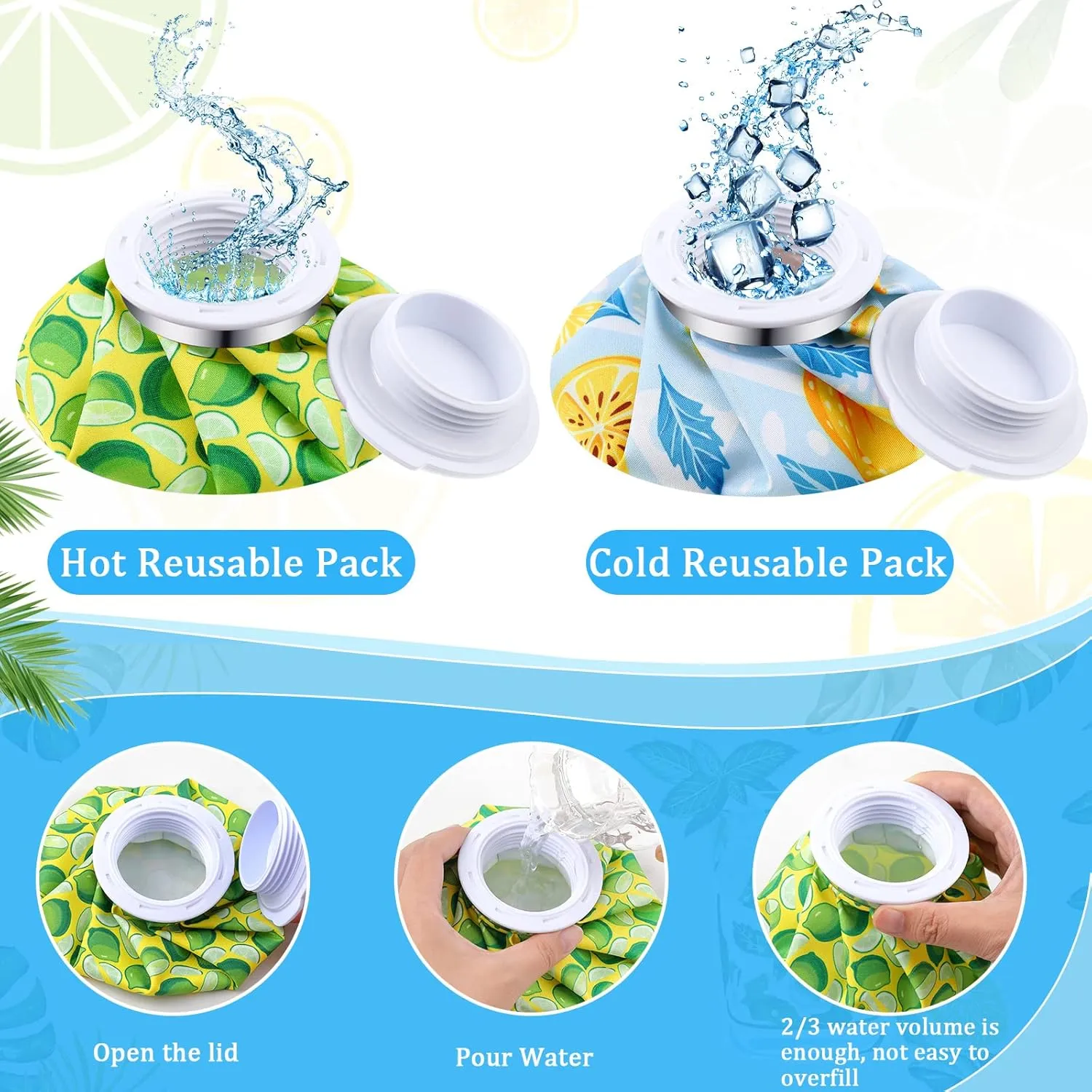 Honoson 4 Pack Reusable Ice Pack and Hot Water Bag for Adults, Cold and Hot Use for Injuries, Pain Relief, Wisdom Teeth, Breastfeeding, Tired Eyes, 5.5 Inches(Cartoon Fruit Style)
