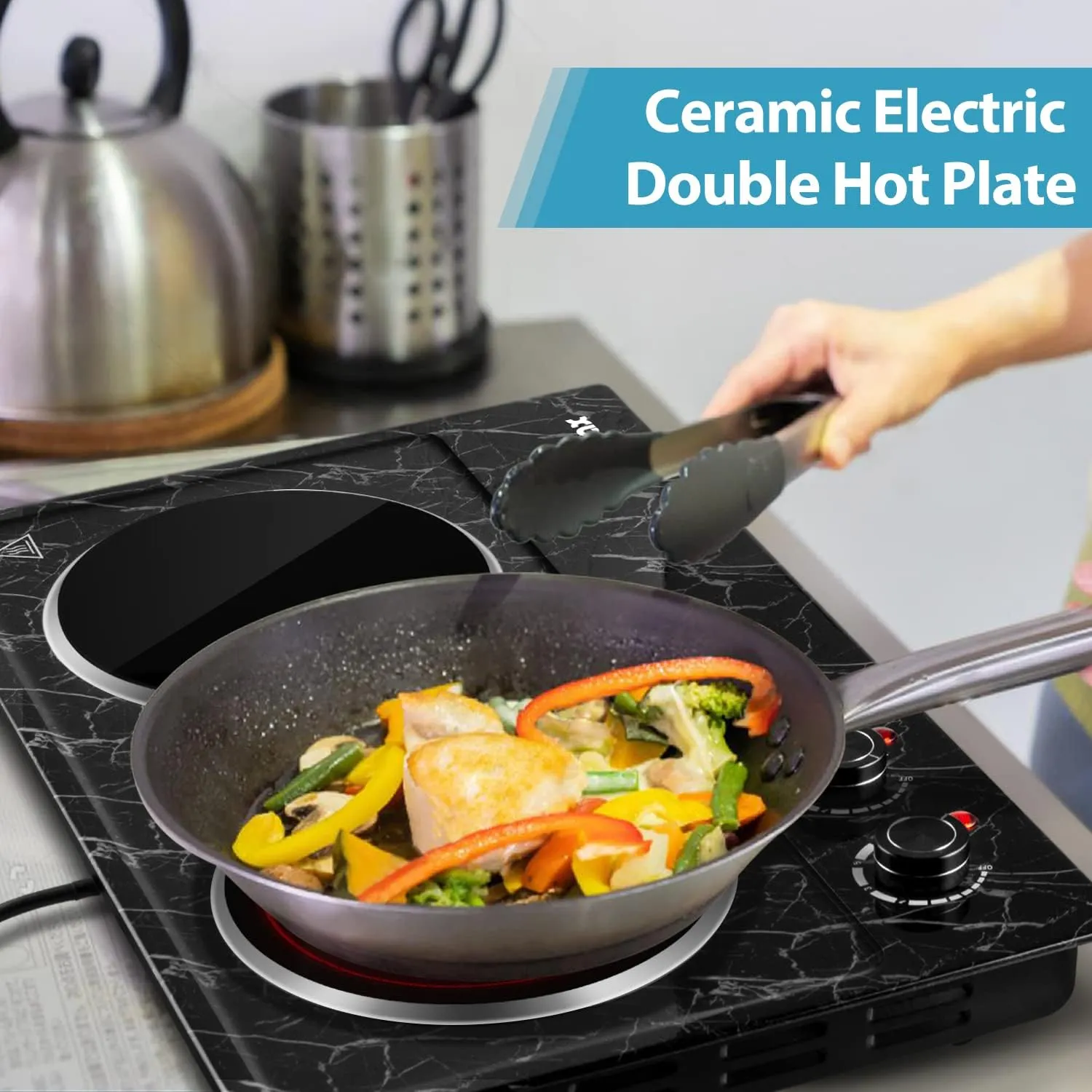 Hot Plate, CUSIMAX Double Burner Electric Hot Plate for Cooking, 1800W Dual Control Portable Stove Countertop Electric Burner Infrared Cooktop, Stainless Steel Black Marble
