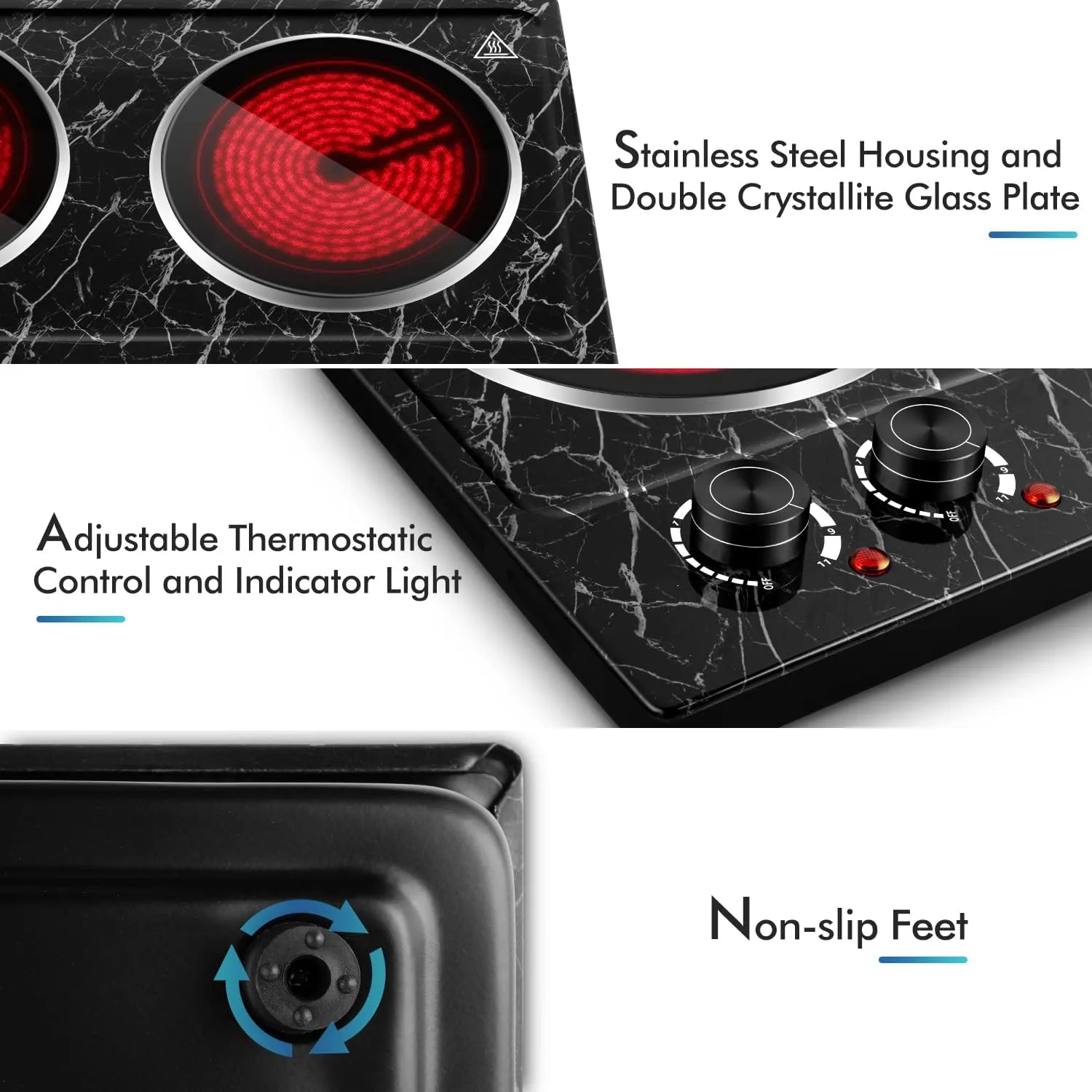 Hot Plate, CUSIMAX Double Burner Electric Hot Plate for Cooking, 1800W Dual Control Portable Stove Countertop Electric Burner Infrared Cooktop, Stainless Steel Black Marble
