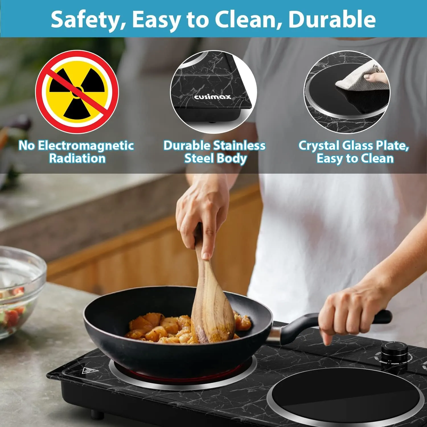 Hot Plate, CUSIMAX Double Burner Electric Hot Plate for Cooking, 1800W Dual Control Portable Stove Countertop Electric Burner Infrared Cooktop, Stainless Steel Black Marble