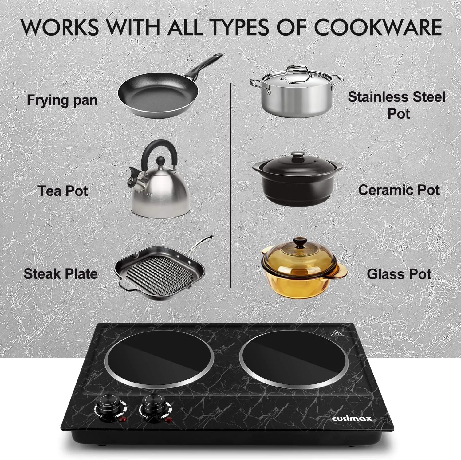 Hot Plate, CUSIMAX Double Burner Electric Hot Plate for Cooking, 1800W Dual Control Portable Stove Countertop Electric Burner Infrared Cooktop, Stainless Steel Black Marble