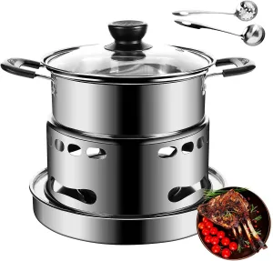Hot Pot Alcohol Stove, Spirit Cooker with Pot, Camping Stoves Set, Gas Stovetop, Easy to Carry, No Power Required, Stainless Steel Liquid Stove, Camping Cooker for Indoor Outdoor Camping Hiking(18CM)