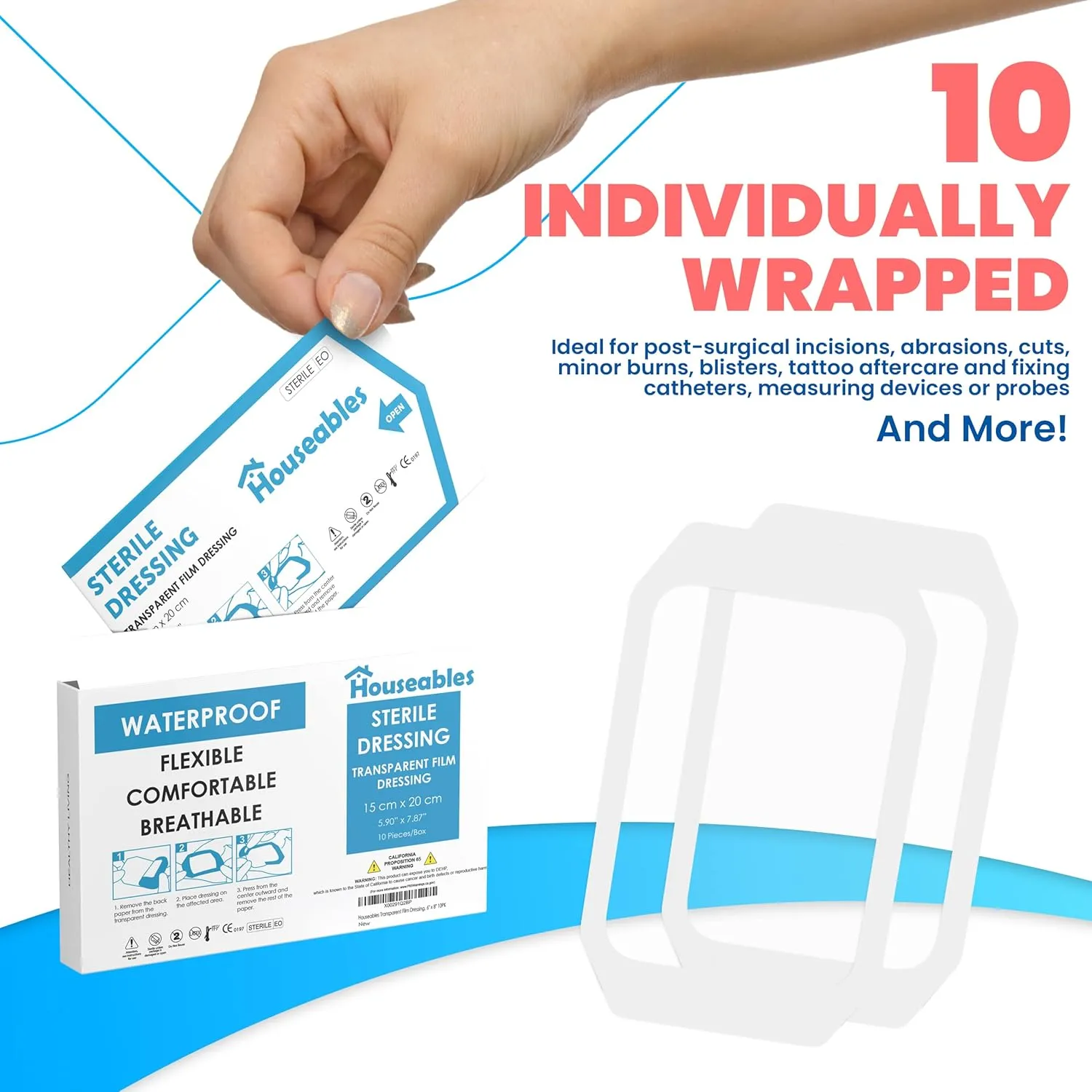 Houseables Waterproof Bandages, Transparent Film Dressing, Waterproof Bandages Post Surgical, 6x8, Wound Cover, Transparent Dressing, Wound Covers for Showering, Water Proof Patches for Skin, Large