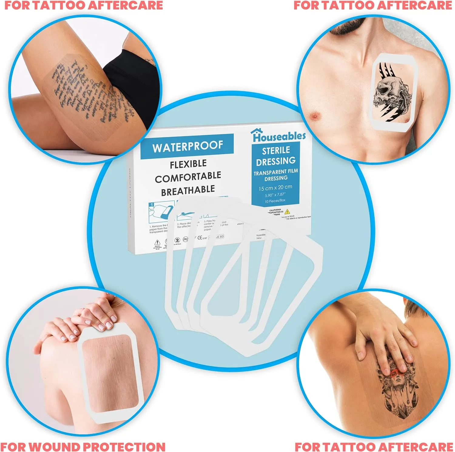 Houseables Waterproof Bandages, Transparent Film Dressing, Waterproof Bandages Post Surgical, 6x8, Wound Cover, Transparent Dressing, Wound Covers for Showering, Water Proof Patches for Skin, Large