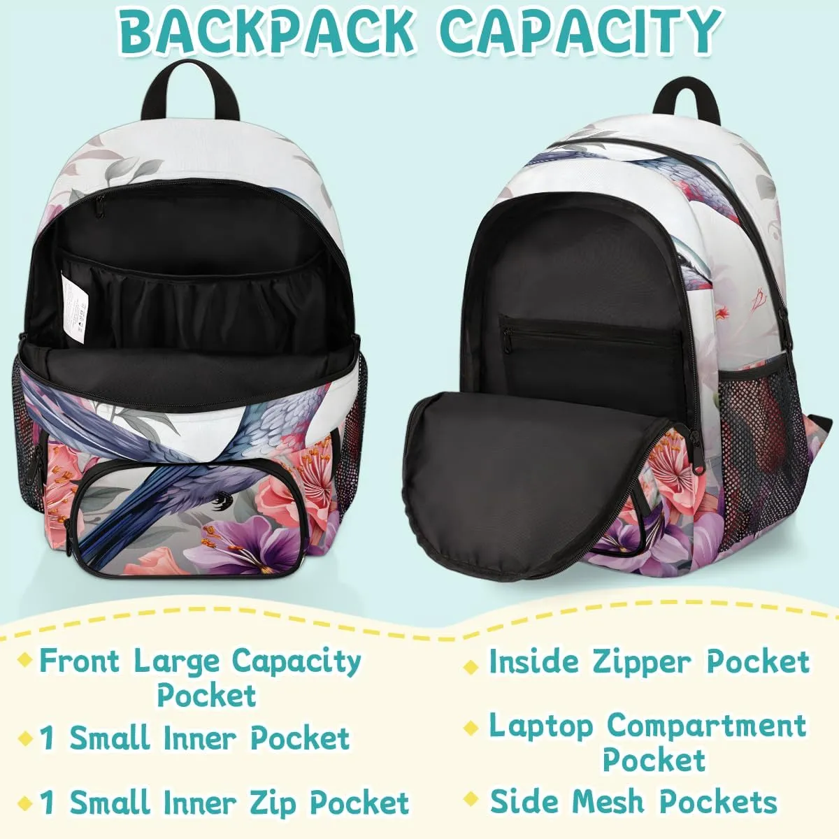 Hummingbird Flowers Carry on Travel Backpack for Women Men Water resistant Lightweight Rucksack Backpack for Weekender Casual Work Hiking Spring Floral Birds