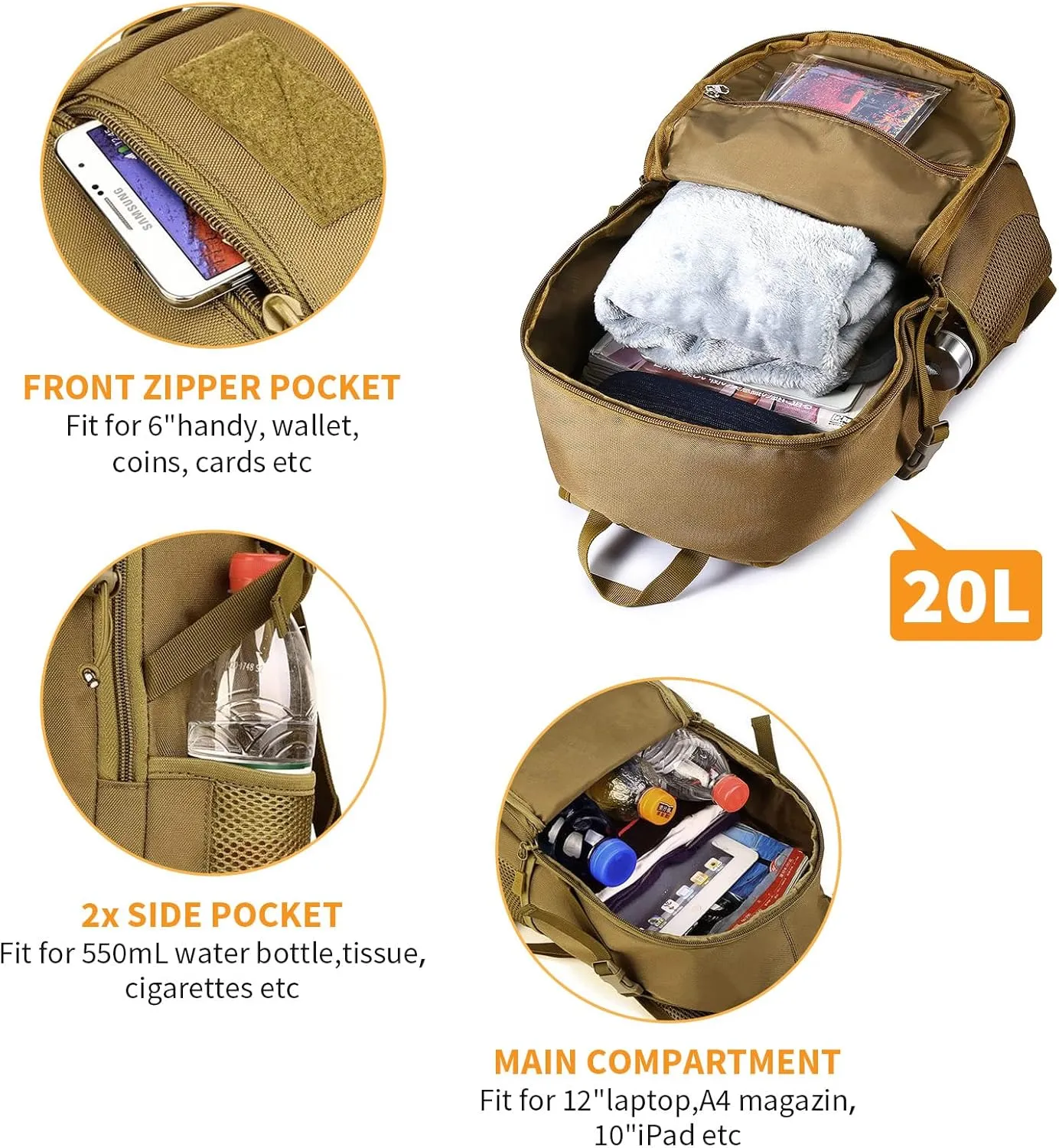 HUNTVP 10L/20L Mini Daypack Military MOLLE Backpack Rucksack Gear Tactical Assault Pack Bag for Hunting Camping Trekking