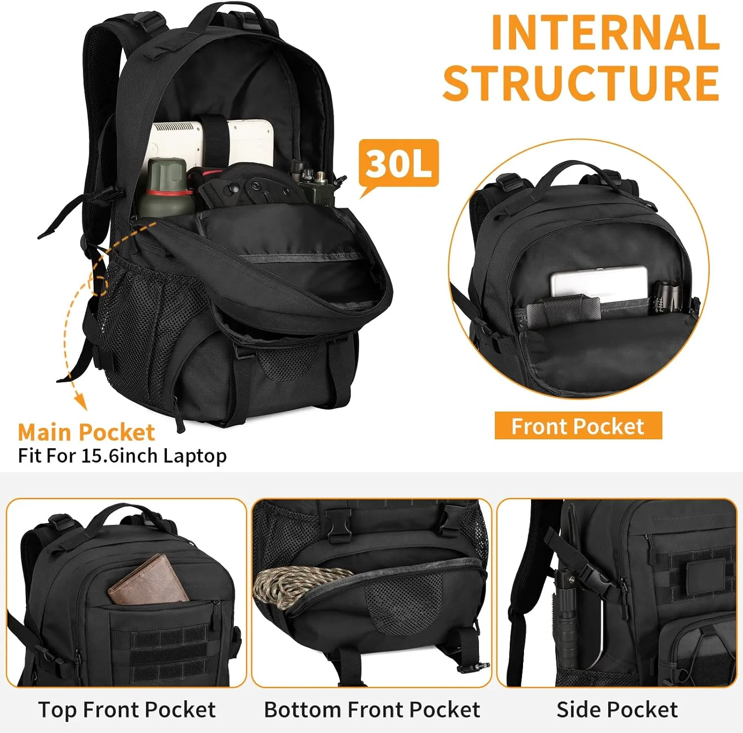 HUNTVP Military Backpack MOLLE Tactical Backpack Rucksack Gear Assault Pack Daypack for Hunting Camping Hiking Backpack 30L (Black)