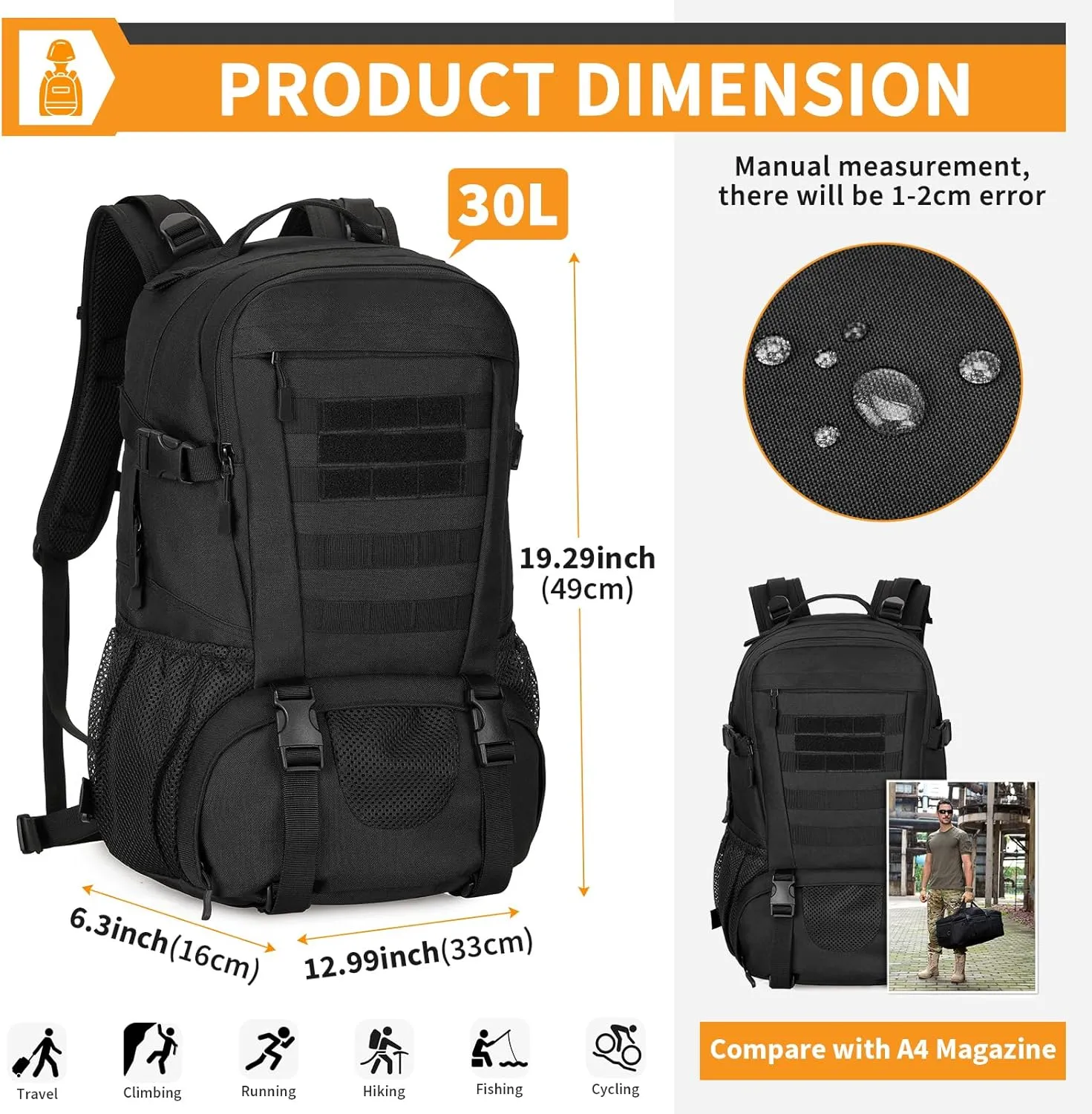 HUNTVP Military Backpack MOLLE Tactical Backpack Rucksack Gear Assault Pack Daypack for Hunting Camping Hiking Backpack 30L (Black)